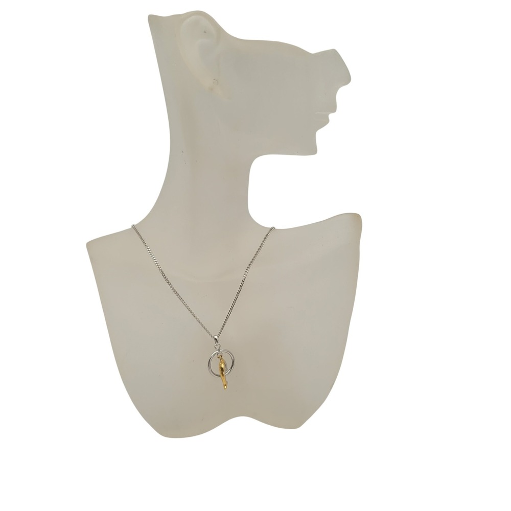 Courreges Paris Two Tone Dolphin Circle Pendant Necklace Silver Gold AC Logo
